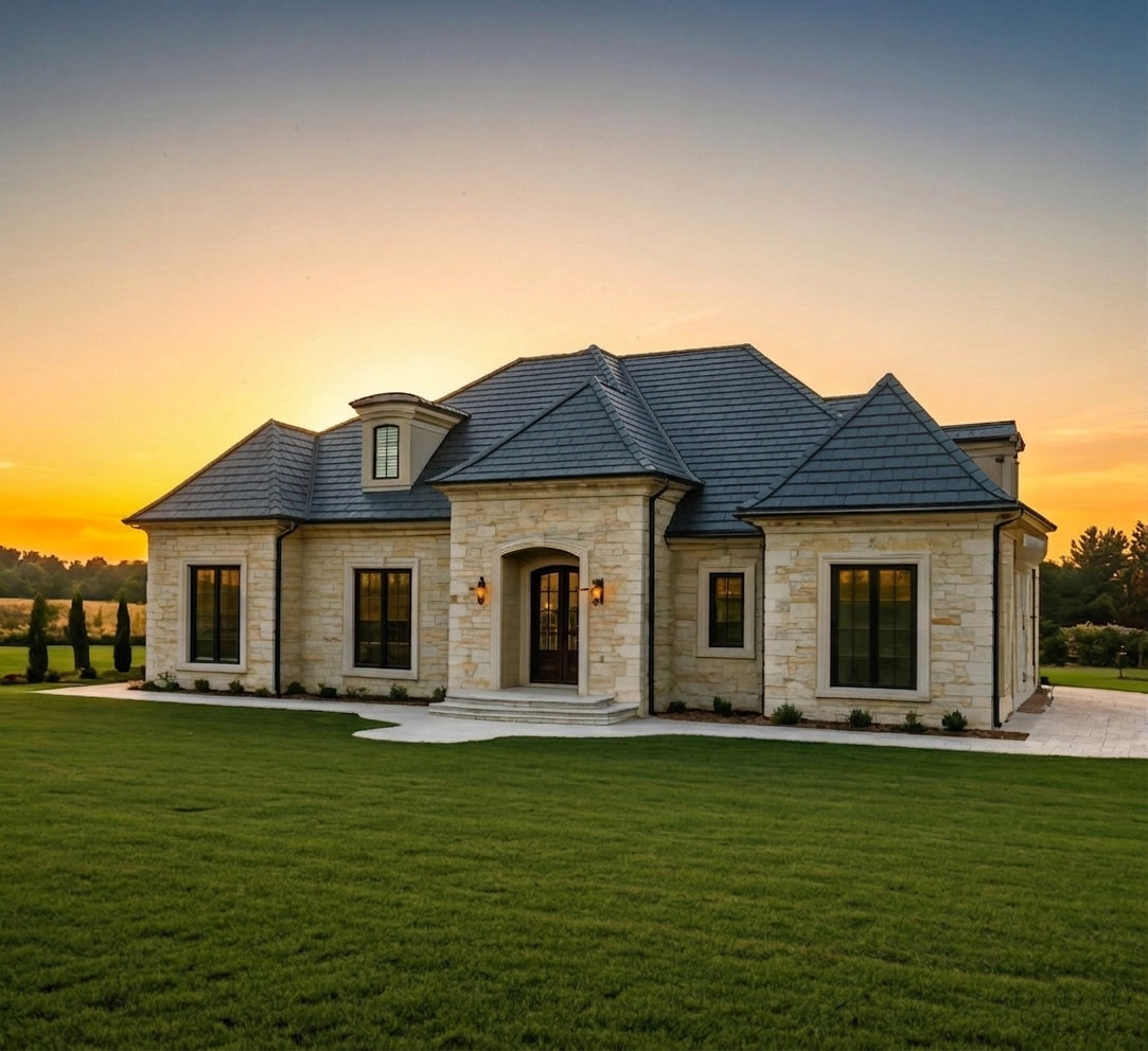 Luxury stone property with pristine exterior at golden hour